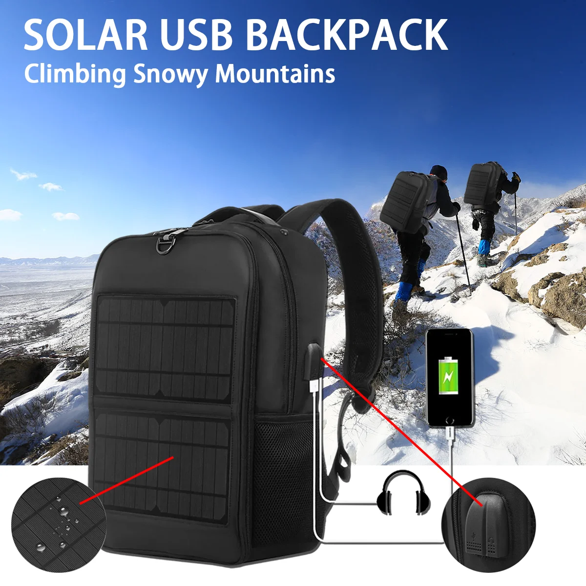 Backpack Camping Laptop 14/22W Solar Waterproof Large Capacity External USB Charging Port Men's Tactical Durable Notebook Man