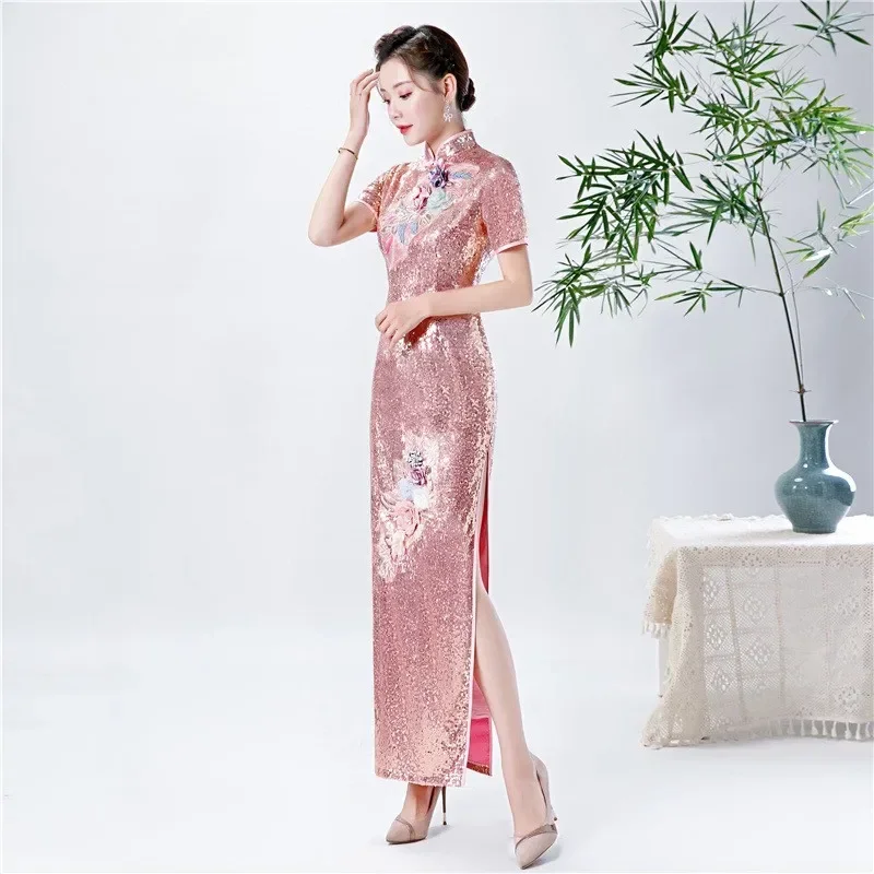 

Luxury Gorgeous Solid Women Novelty Sequins Cheongsam Lady Elegant Long Evening Party Dress Slim Bodycon Qipao Novelty