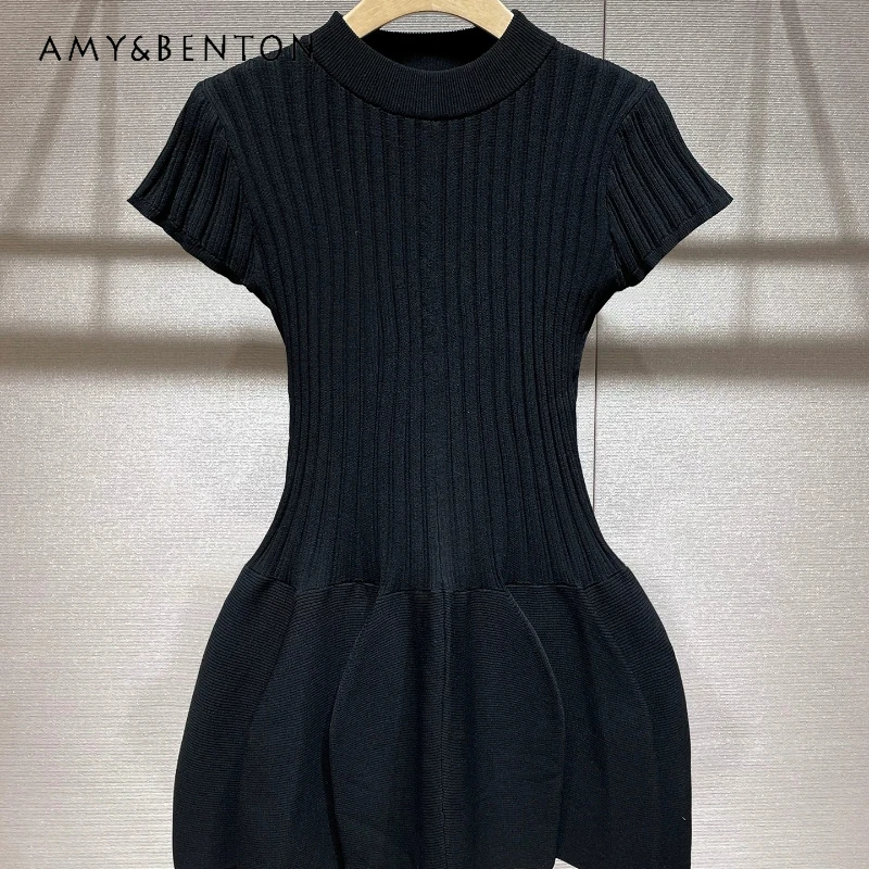 

Temperament Waist-cinching Knitted Women's Dress 2026 Summer Black Slimming Round Neck Short Sleeve Puffy Short Dresses Ladies