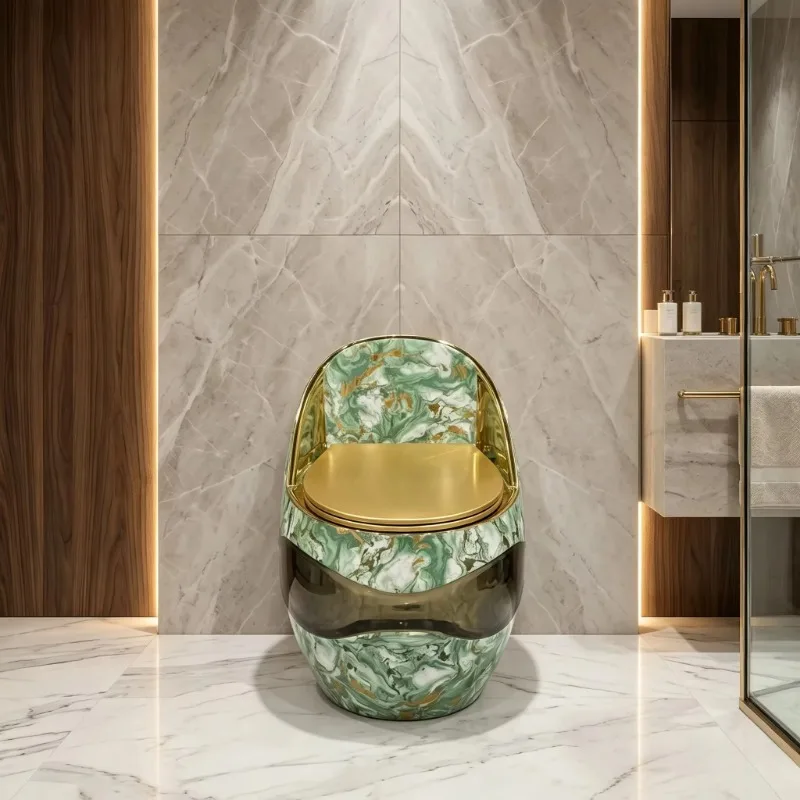 Deluxe egg-shaped toilet, green-gold pattern integrated floor-to-ceiling toilet, slow-lowering seat, unique oval decorative