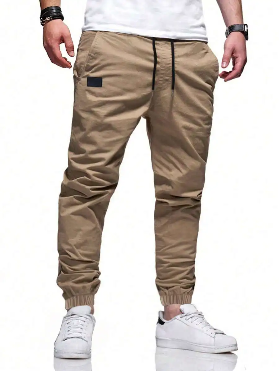 Mens Casual Drawstring Waist Jogger Pants Khaki Tapered Fit Ankle Length