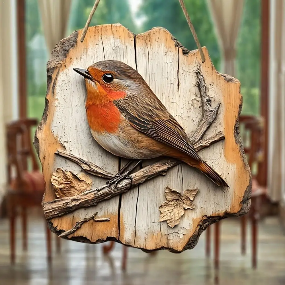 Vintage Wooden Bird Sign Handmade Boxwood Robin Wall Decor Rustic Farmhouse Forest Animal Hanging Ornament for Home Nursery Room