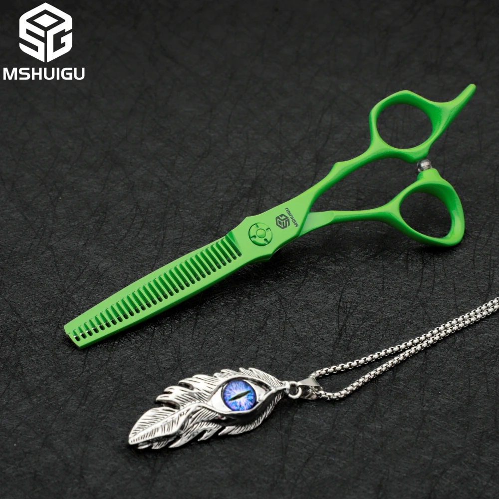 MSHUIGU barber scissors green 6 inch suit 440C Multifunction thinning shears Comb necklace accessories included in outer package
