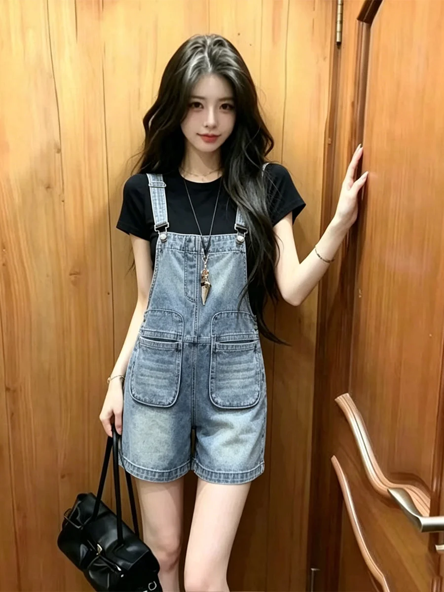 Washed Blue Denim Overalls Women's Loose Wide Leg Double Pocket Anti-Aging Commuter Casual Workwear Overalls Short Pants