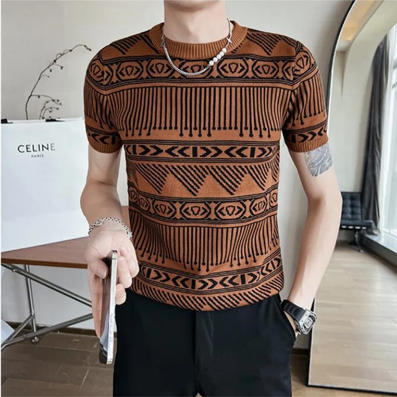 

2023 Brand clothing Men's summer casual short sleeve Knitting Sweater/Male Slim Fit Knit T-Shirt/Man High Quality Pullover 3XL