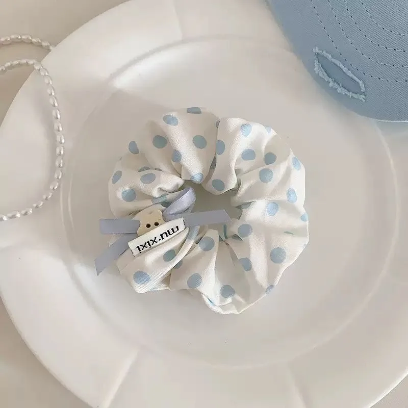 2pcs Korean Blue Polka Dots Scrunchies Large Intestine Headbands Women Luxury Hair Ropes Ties Lazy Style Hair Bundles Headwear