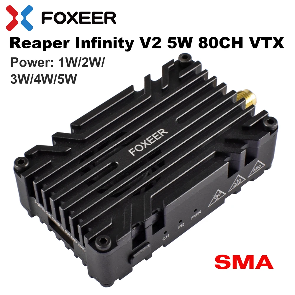 

Foxeer 4.9~6G Reaper Infinity V2 5W FPV VTX 80CH SMA Build-in Mic & Fan Video Transmitter 9-36V for Long Range Drone Airplane