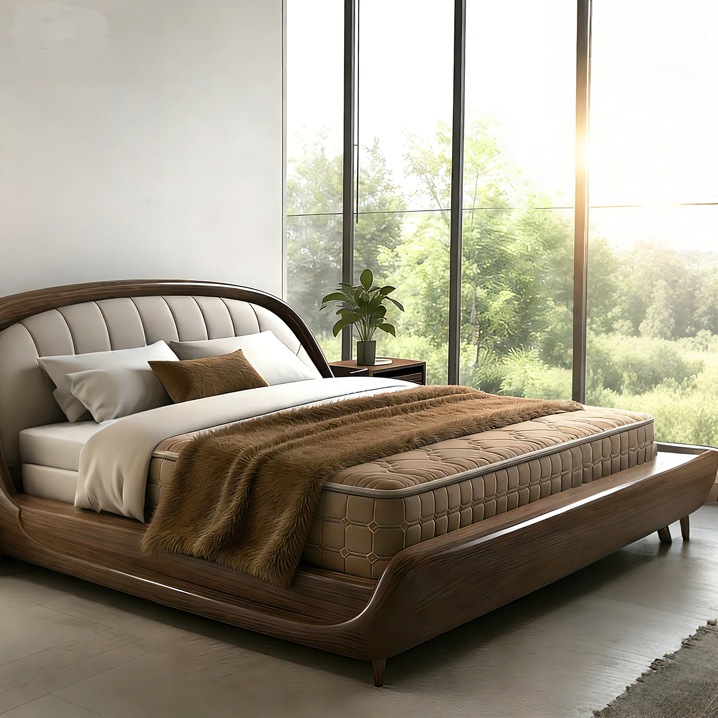 Master bedroom double bed medium antique solid wood black walnut leather double bed