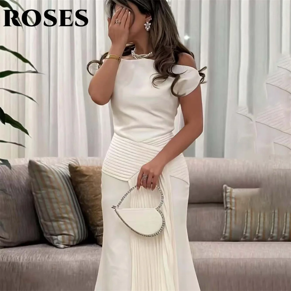 

ROSES Simple White Elegant Wedding Party Dress Pleats Long Celebrity Dress Trumpet Off the Shoulder Occasion Dress Customized