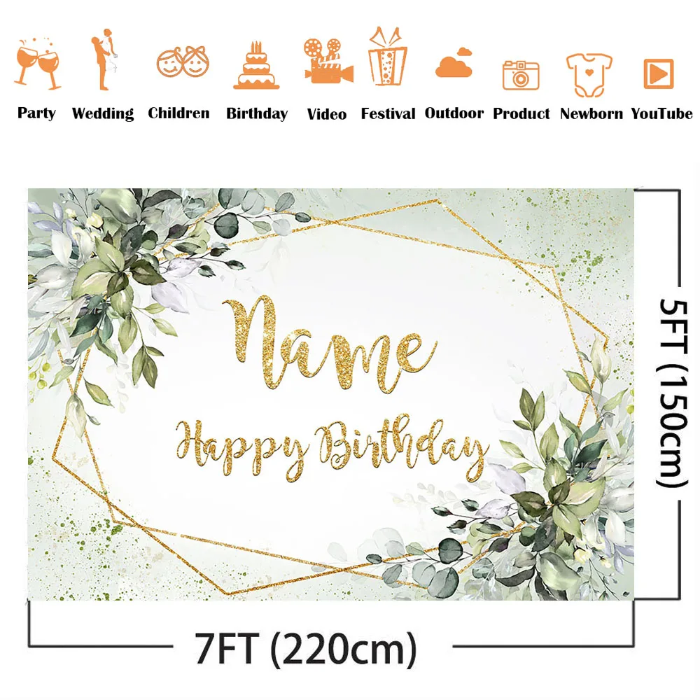 Greenery Birthday Backdrop for Photography Name Customize DIY Happy Birthday Party Decoration Gold Glitter Green Leaves Banner