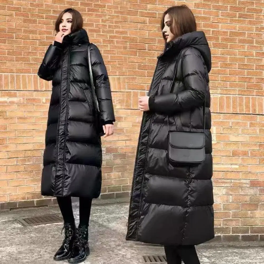 Korean Lady Long Bright Puffer Coat Autumn Winter Female Warm Down Cotton Jacket 2024 Women Black Parka Sown Wear Outwear Jacket