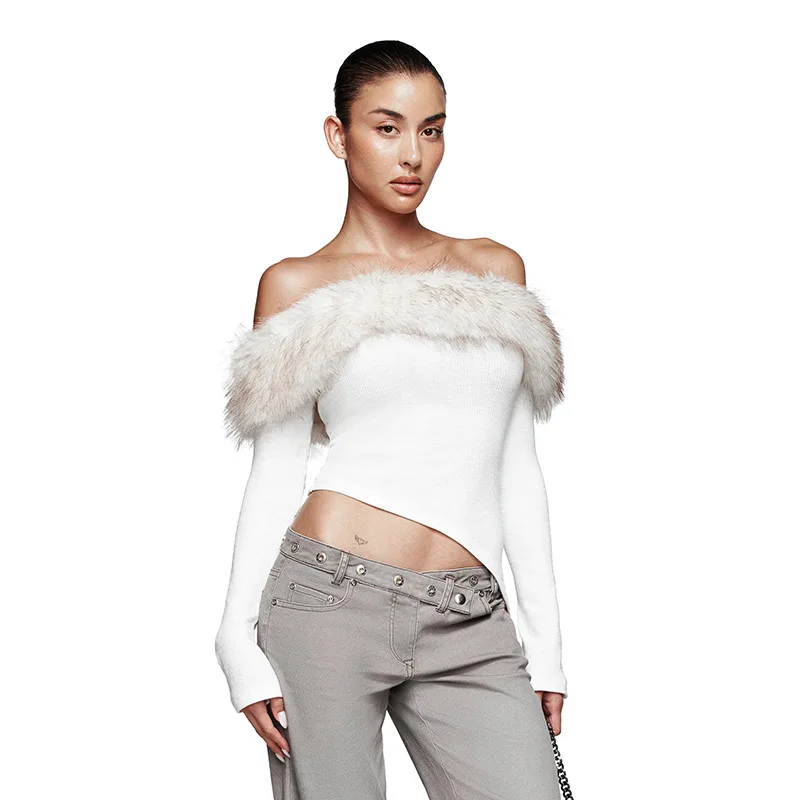 

Furry Patchwork Ribbed Asymmetrical T-shirts Women Fashion Sexy Slash Neck Off Shoulder Flare Long Sleeve Slim Casual Crop Tops