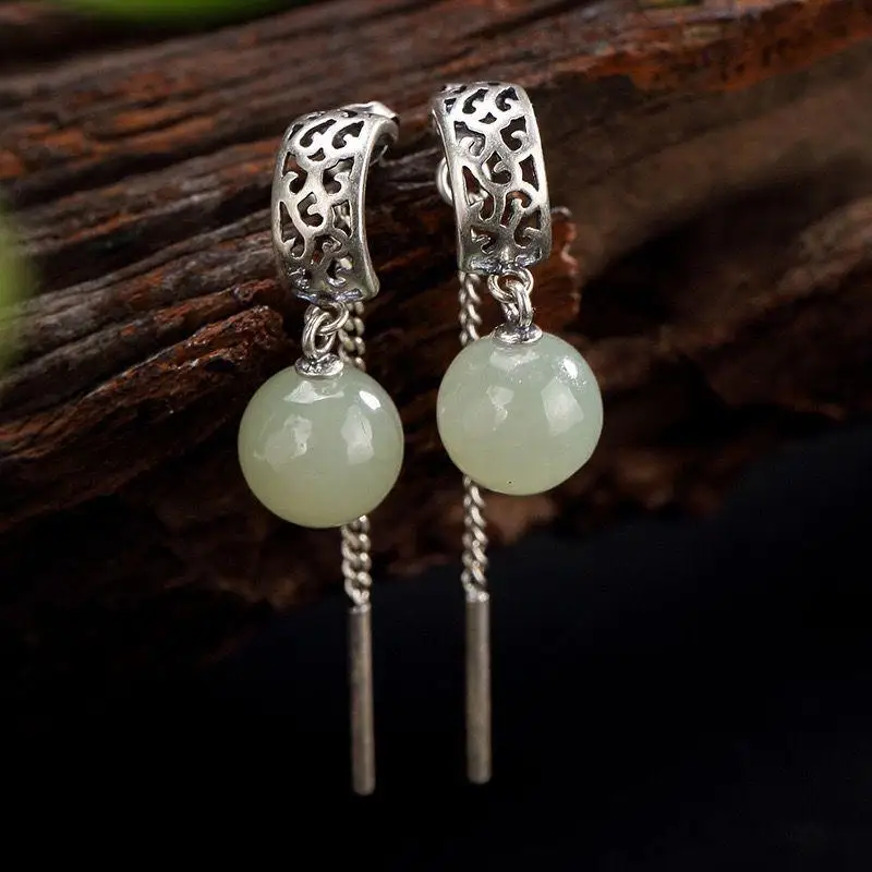 

Ladies green long section Chinese style natural Hetian white jade inlaid round bead earrings exquisite fashion jewelry