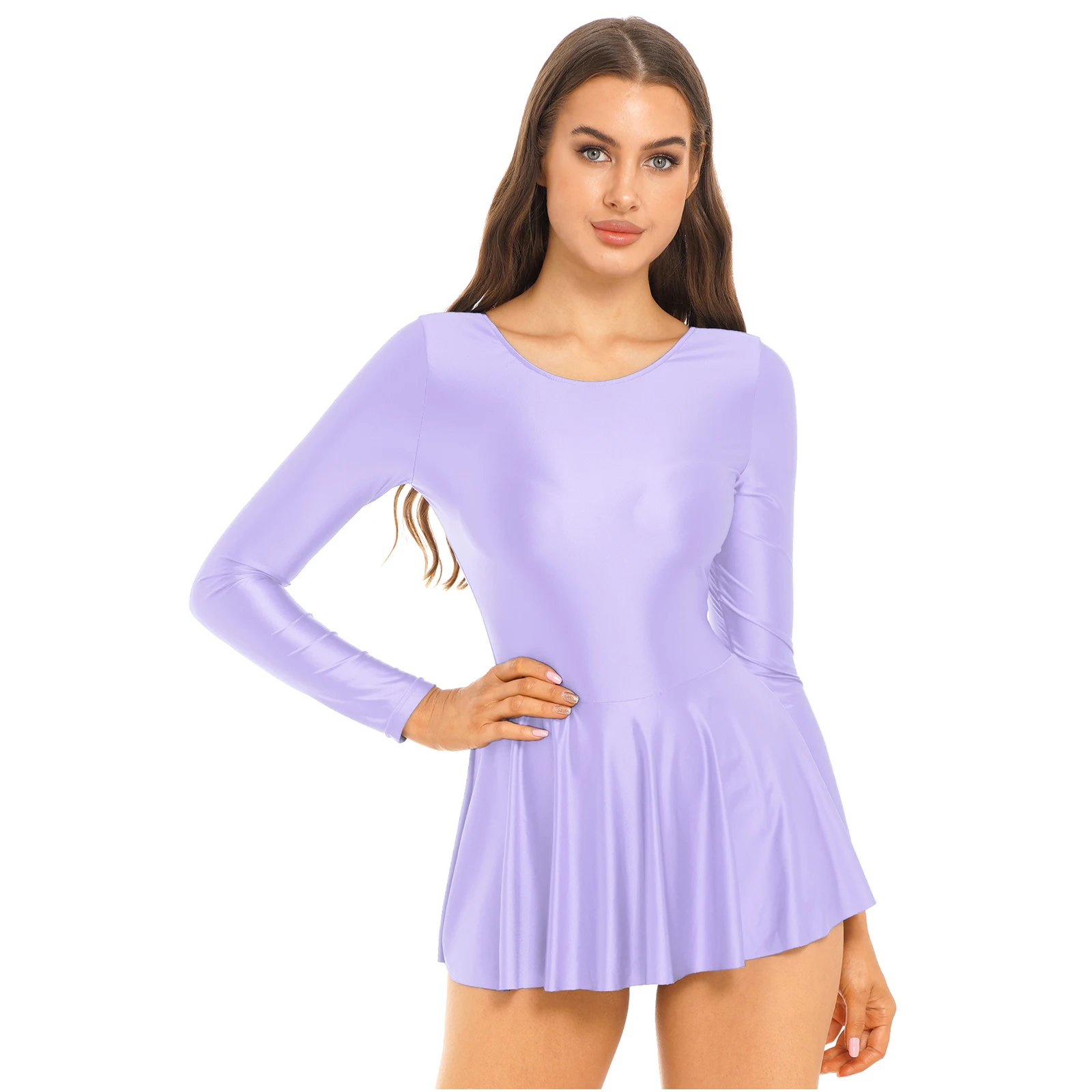 

Womens Glossy Ruffled Mini Dress Long Sleeve Solid Color Leotard Dresses Ballet Dance Yoga Sports Swimwear Dancewear Clubwear