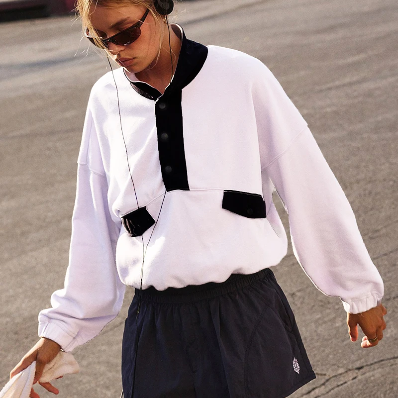 الأوروبية والأمريكية الرجعية المتناقضة الوقوف طوق هوديي للنساء الخريف فضفاضة نمط غير رسمي بأكمام طويلة #2