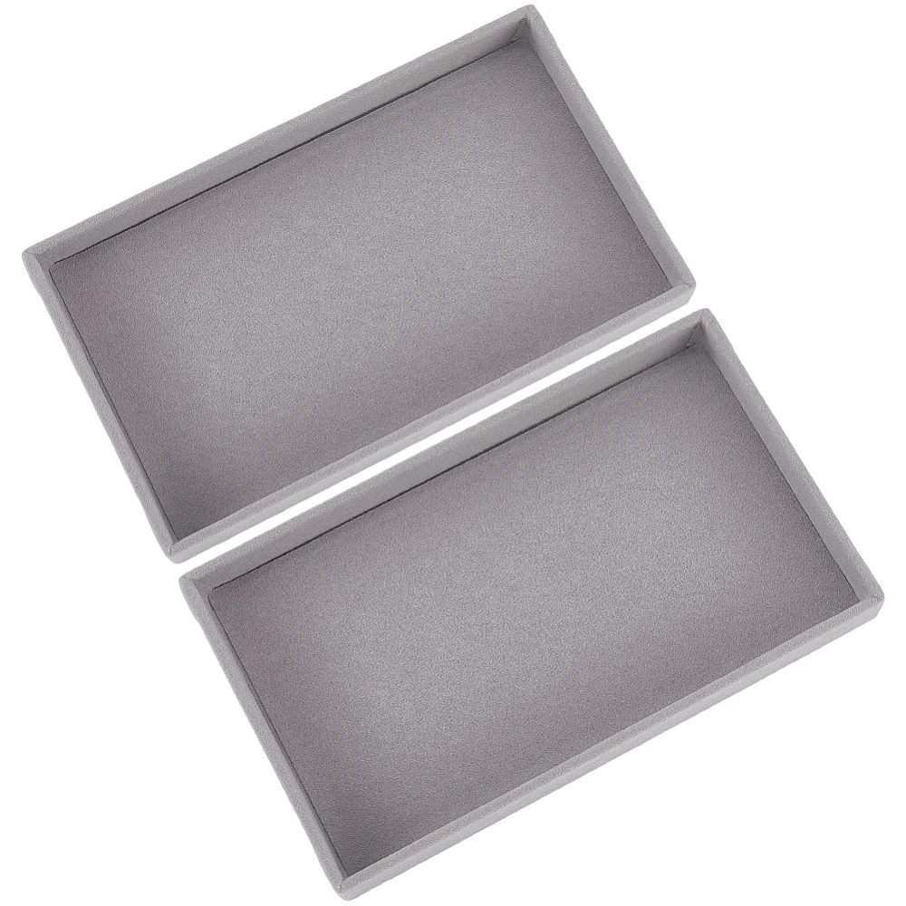 2Pcs Gray Jewelry Tray Empty Velvet Jewelry Box Small Rectangle Accessory Trinket Display Flat Trays Stackable Showcase Drawer