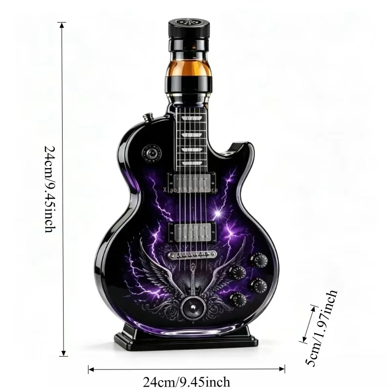 Unique Electric Guitar Shaped Glass Wine Decanter Purple Thunder Print Spirit Bottle Barware Decorative Gift for Rock Music Fans