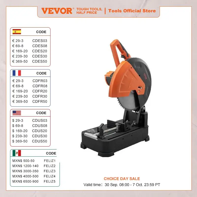 VEVOR 2800W Chop Saw 14/355mm Blade Diameter Cut Off Saw 1200RPM Steel Cutting Machine 0-45° Adjustable Dry Cut Chop Saw