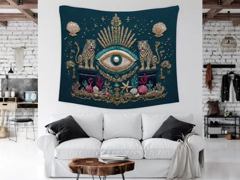 All Seeing Eye Tiger Tapestry Mystical Ocean Symbol Wall Hanging Boho Living Room Decor Spiritual Art