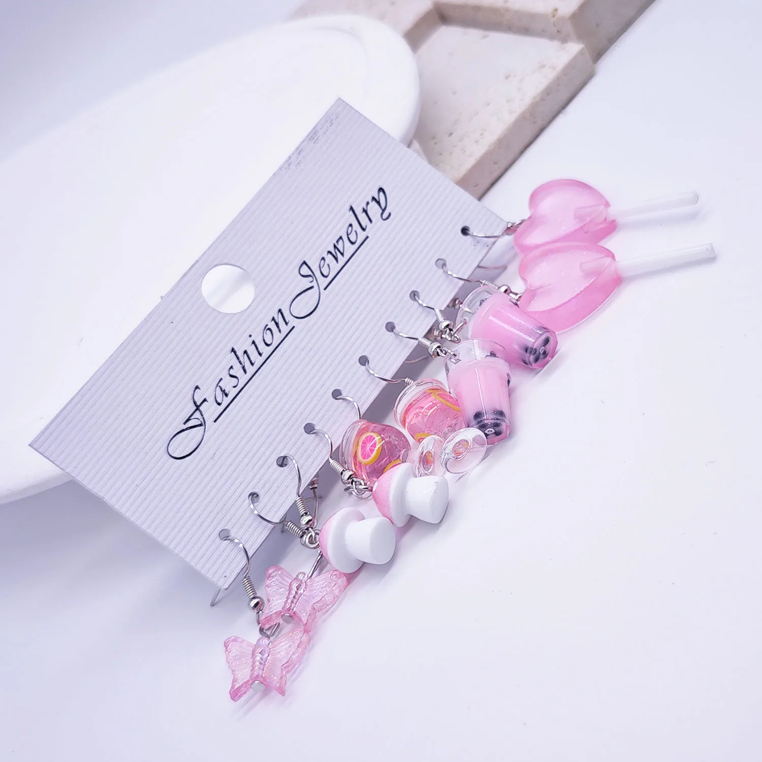 European and American cross-border cartoon fashion resin simulation food, milk tea, mushroom candy earrings, pink set