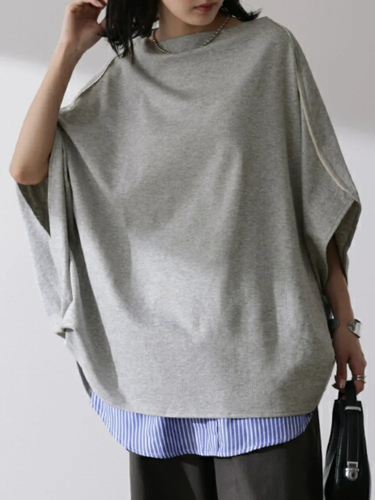 [EWQ] Japanese Fashion Gray Top Spliced Loose Short Bat Sleeves Round Neck Casual T-shirt For Women 2024 Spring Summer 16U8598