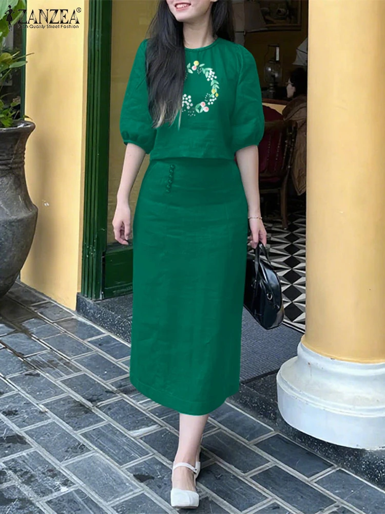 

ZANZEA Vintage Dress Sets 2025 Autumn Women 2pcs Oversized Two-piece Outfits Casual 3/4 Sleeve Loose Tops and Maxi Skirts Sets
