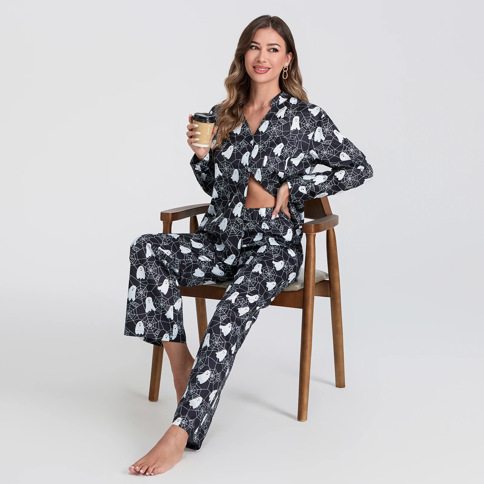 Women\'s Halloween Pajamas Set Ghost Print Lapel Neck Long Sleeve Tops and Elastic Waist Pants 2Pieces Loungewear Outfits