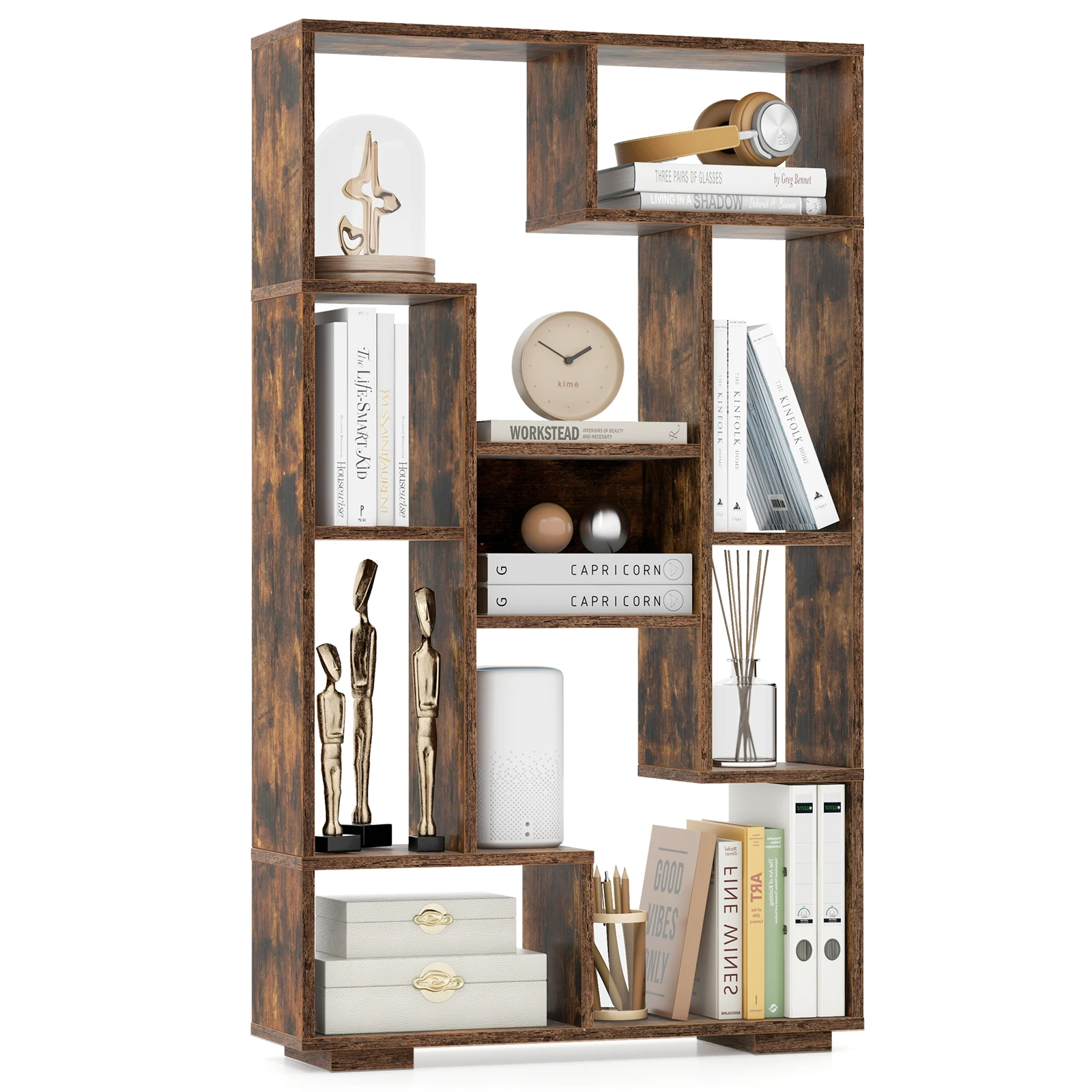 120 cm großes Bücherregal mit 9 Fächern, Standregal, Raumteiler, Mehrzweckregal, Holz, Lagerregal mit Neigungsschutz