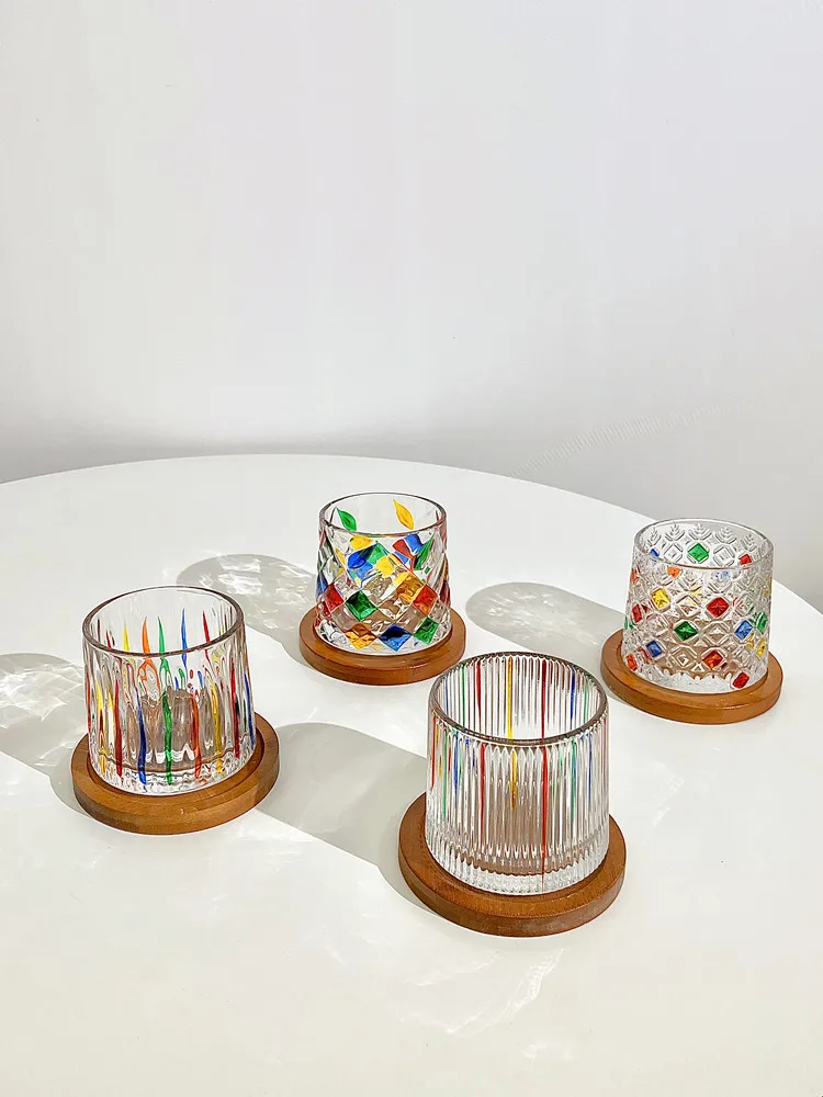 

Ins Retro Hand-painted Rotating Whiskey Glass With Base Rainbow Water Glass Beer Steins Creative Home Decoration Accessories