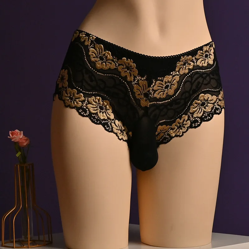 Men Underwear Flower Embroidery Breathable Sissy Pouch Sheath Panties Oil Shiny Lace Underpants Ultrathin See Through Lingerie