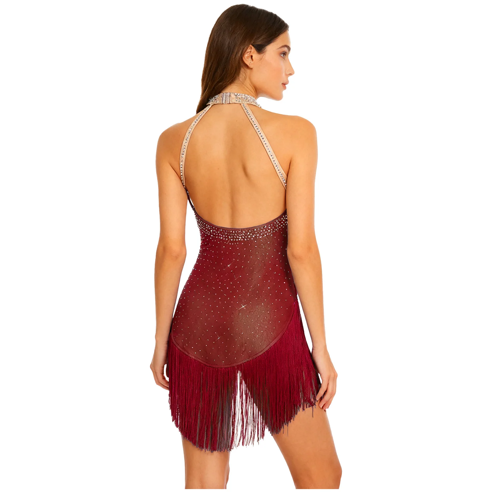 Body de baile latino deslumbrante para mujer, vestido de leotardo de Salsa Tango con diseño sin espalda y borlas de cristal para salón de baile, patinaje artístico y Ballet