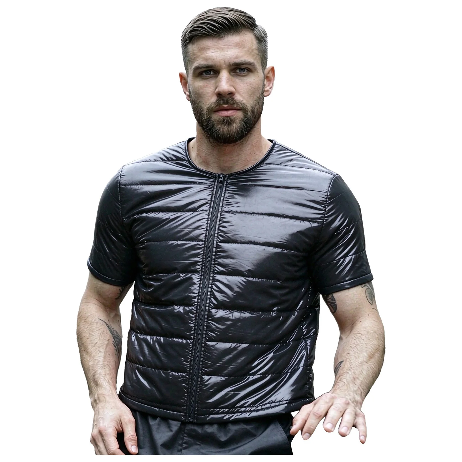Adult Men Water Resistant Padded Jacket Zipper Front Short Sleeve Quilted Outerwear Outdoor Sports Casual Daily Fishing Coat