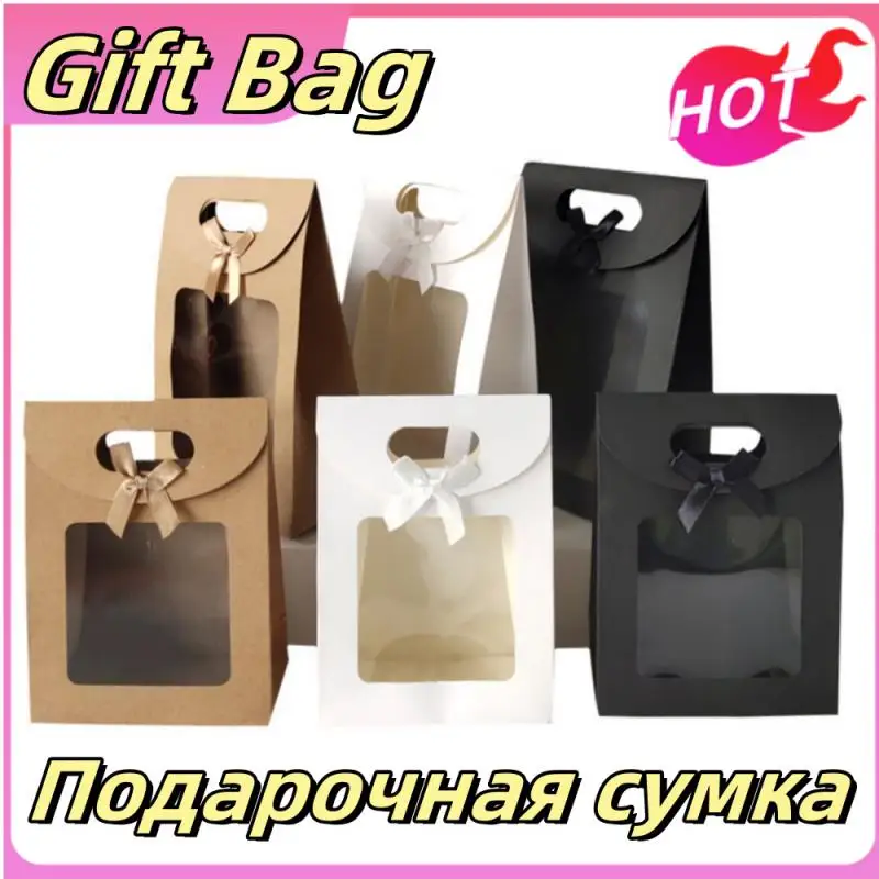 Gift Bag Clear Window Kraft Paper Bag Handle Candy Biscuits Cake Packing Box Eid Mubarak Gift Bag Christmas Подарочная Сумка