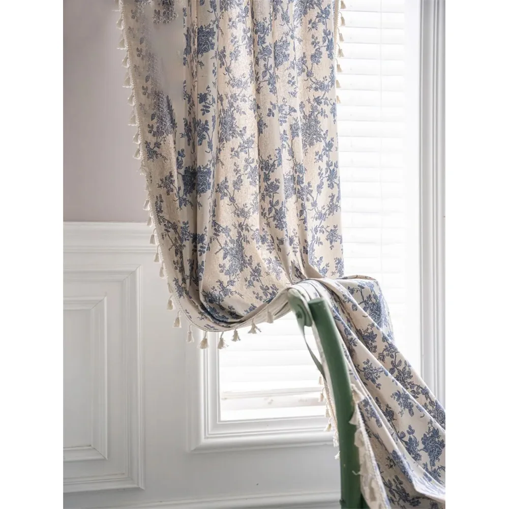 Blue Floral Linen Curtains Sheer Rod Pocket Farmhouse Curtains Pair with Beige Tassel Trim Light Filtering for Dining Room