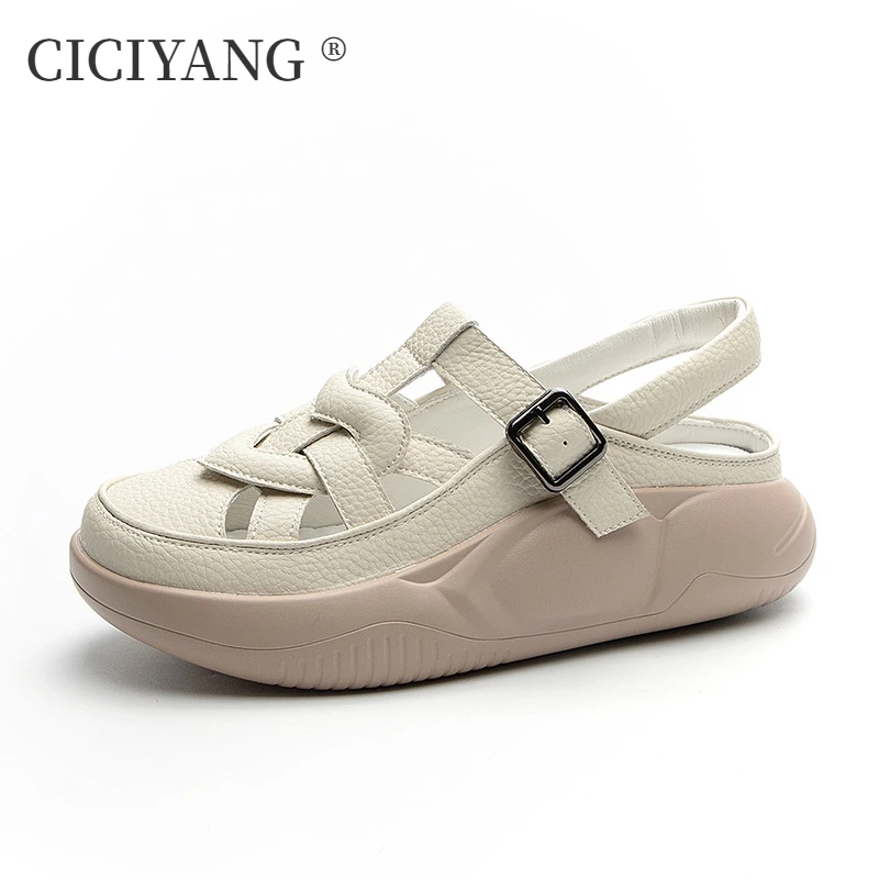 

CICIYANG Sandals Women Summer 2024 Genuine Leather Ladies Flats Baotou Soft Sole Pregnant Shoes Outwear Beach Sandals Handmade