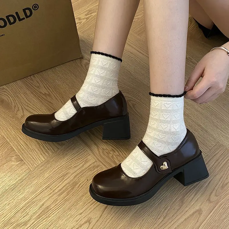 Women's 2026 New Mary Jane Shoes PU Leather British Style Brown Chunky High Heels Height Increasing Spring Autumn view 3