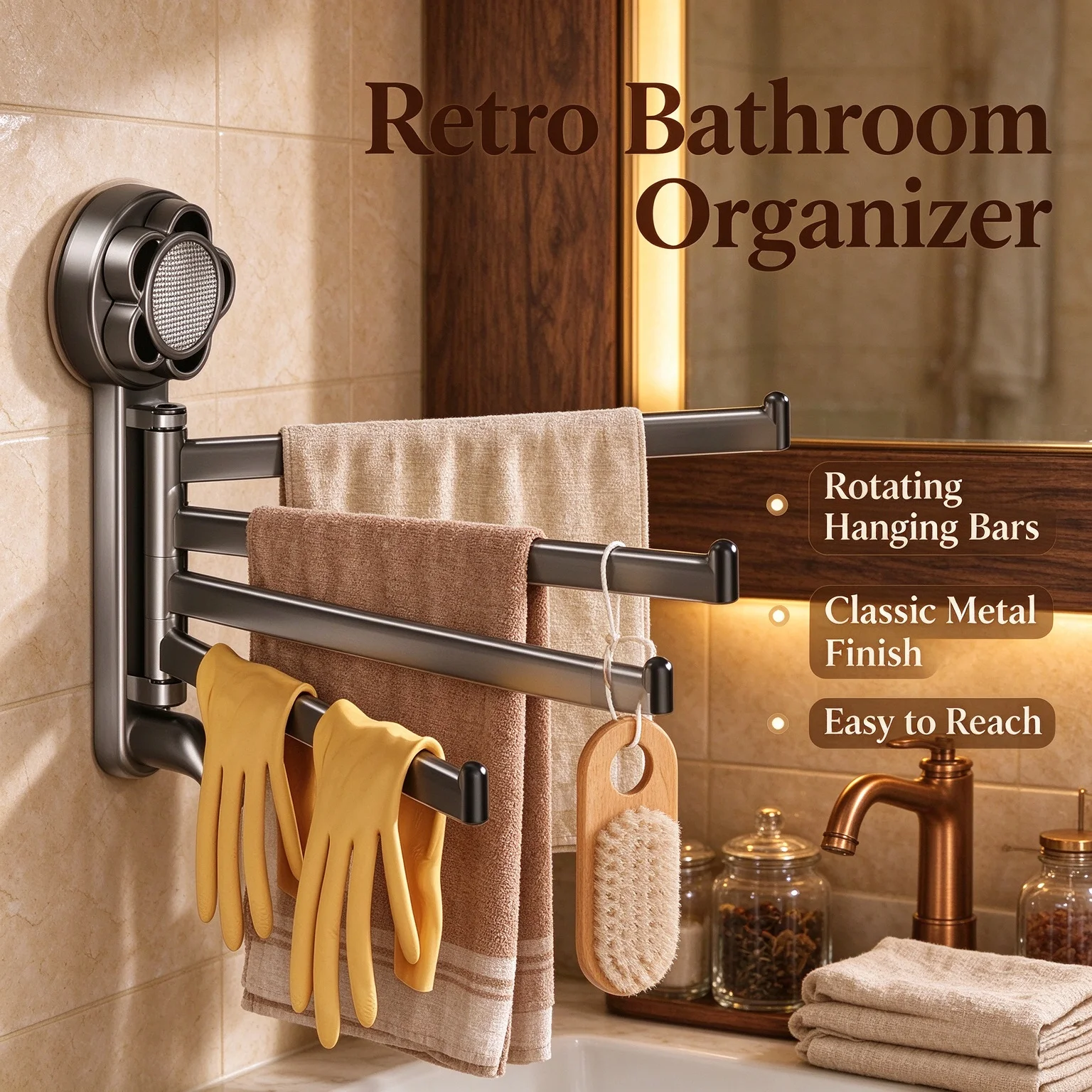 Renter Friendly Multi-Bar Towel Rack Foldable Rotatable Punch-Free Suction Cup Holder for Bathroom