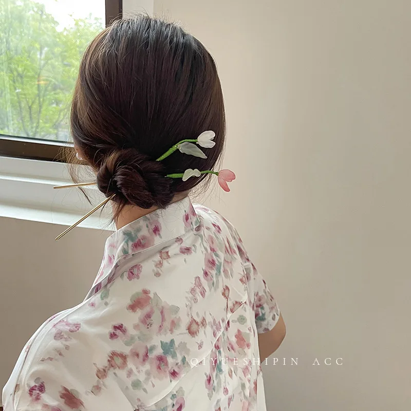 Fresh Romantic Flower Hair Sticks Cute Colorful Crystal Petal Sword Hairpins Hair Fork Hair Chopsticks Hairpins Woman Jewelry