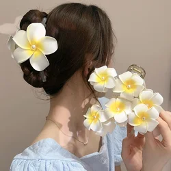 2024 New Bohemian Yellow Plumeria Flower Pearl Headdress Hair Clip Claw Women Girls New Grab Back of The Head Hair Accessory