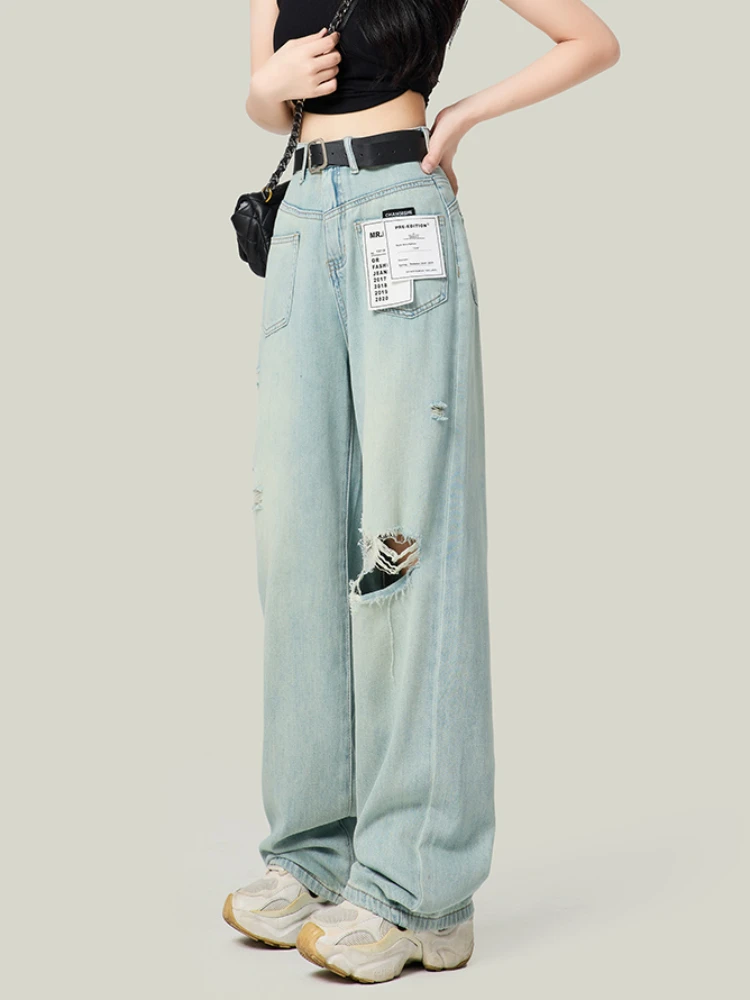 Patchwork Jeans Women Hole Asymmetrical Denim Washed Vintage Bleached European Style Retro Loose Wide Leg High Waist Trousers