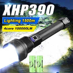 Yüksek Güç Led El Fenerleri XHP390 Yüksek Lümen 100000 Şarj Edilebilir Güçlü Işık Taktik Fener Kendini Savunma Acil Durum Led Torch