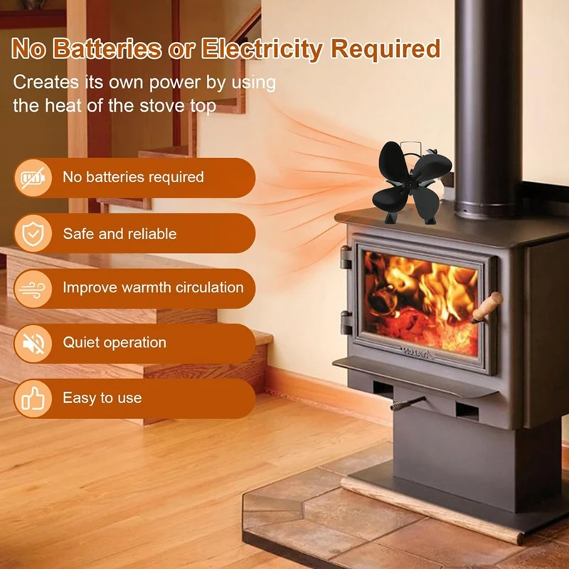 Fireplace Fan Stove Fan 4 Blades Heat Powered Stove Eco Fans For Wood Log Burner Fireplace Larger Air Flow About 140CFM