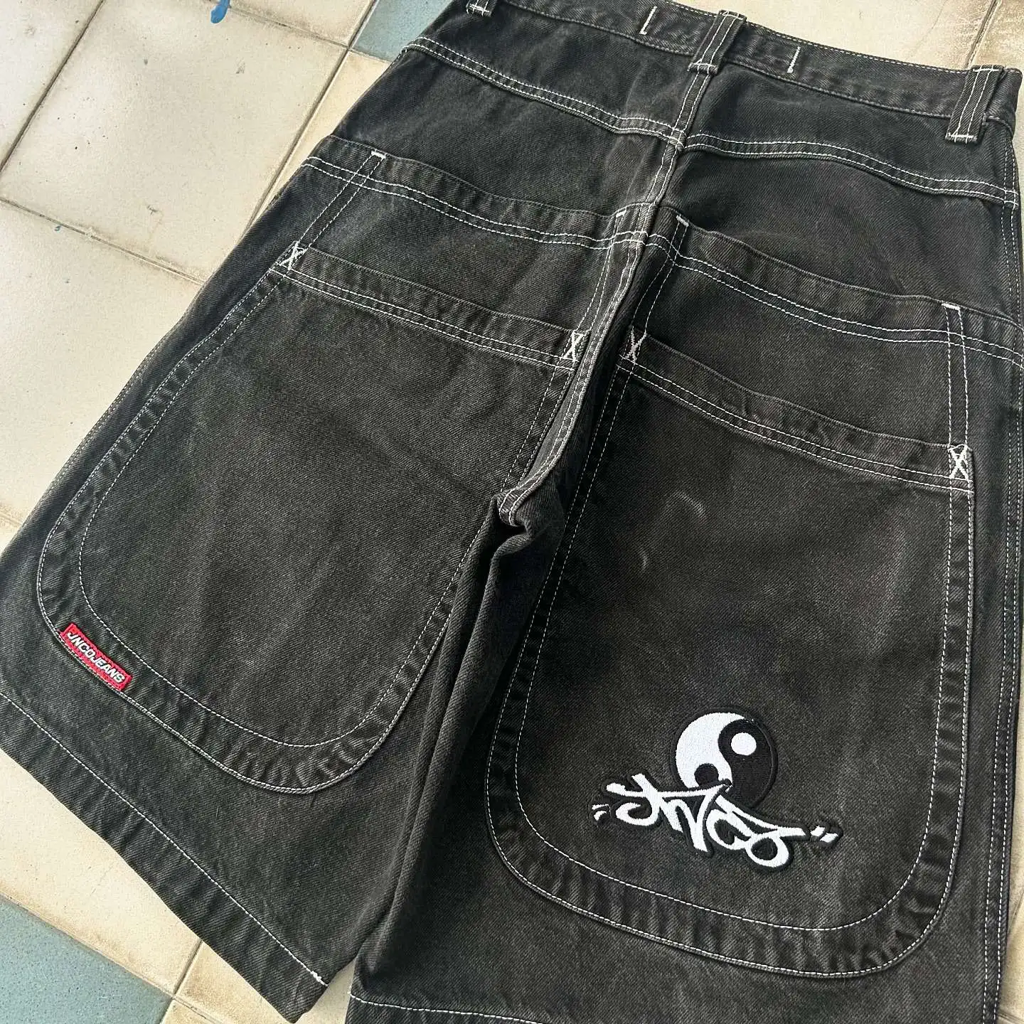 กางเกงวอร์มสไตล์ฮาราจูกุ celana pendek DENIM วินเทจ Jnco ทรงแบ็กกี้ Y2K ผู้ชายกางเกงบาสเกตบอลแนวสตรีทฮิปฮอปลายรถจักรยานยนต์ลายรถจักรยานยนต์ผู้ชายผู้หญิง