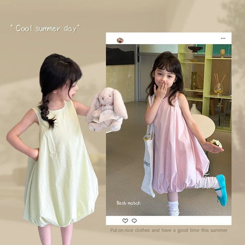 

2025 Summer New Style Girls' Cute Bud Design Sleeveless Casual Dress for Children