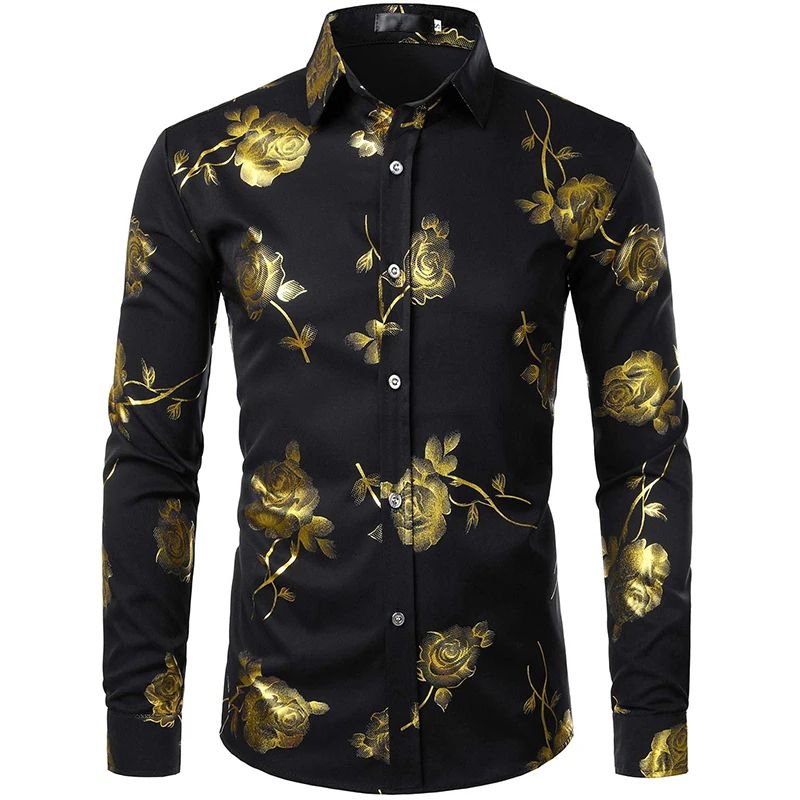 Mens Nightclub Golden Shirts 3D Rose Flower Printed Slim Fit Button Down Party Dress Shirt Casual Long Sleeve Plus Size T Shirt