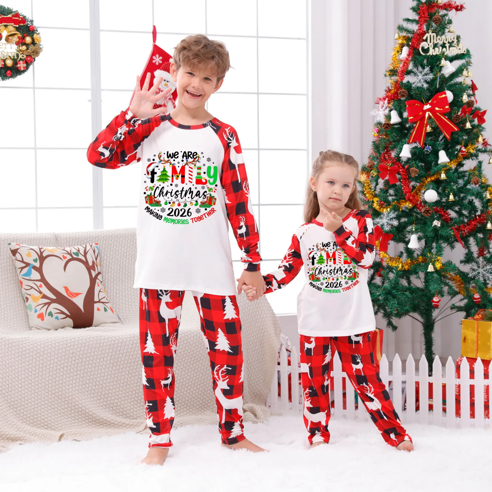 Treen Reindeer Print Christmas Matching Pajamas Set Cute Loose Sleepwear Mother Father Kids Clothing Sets Xmas Family Look Pjs