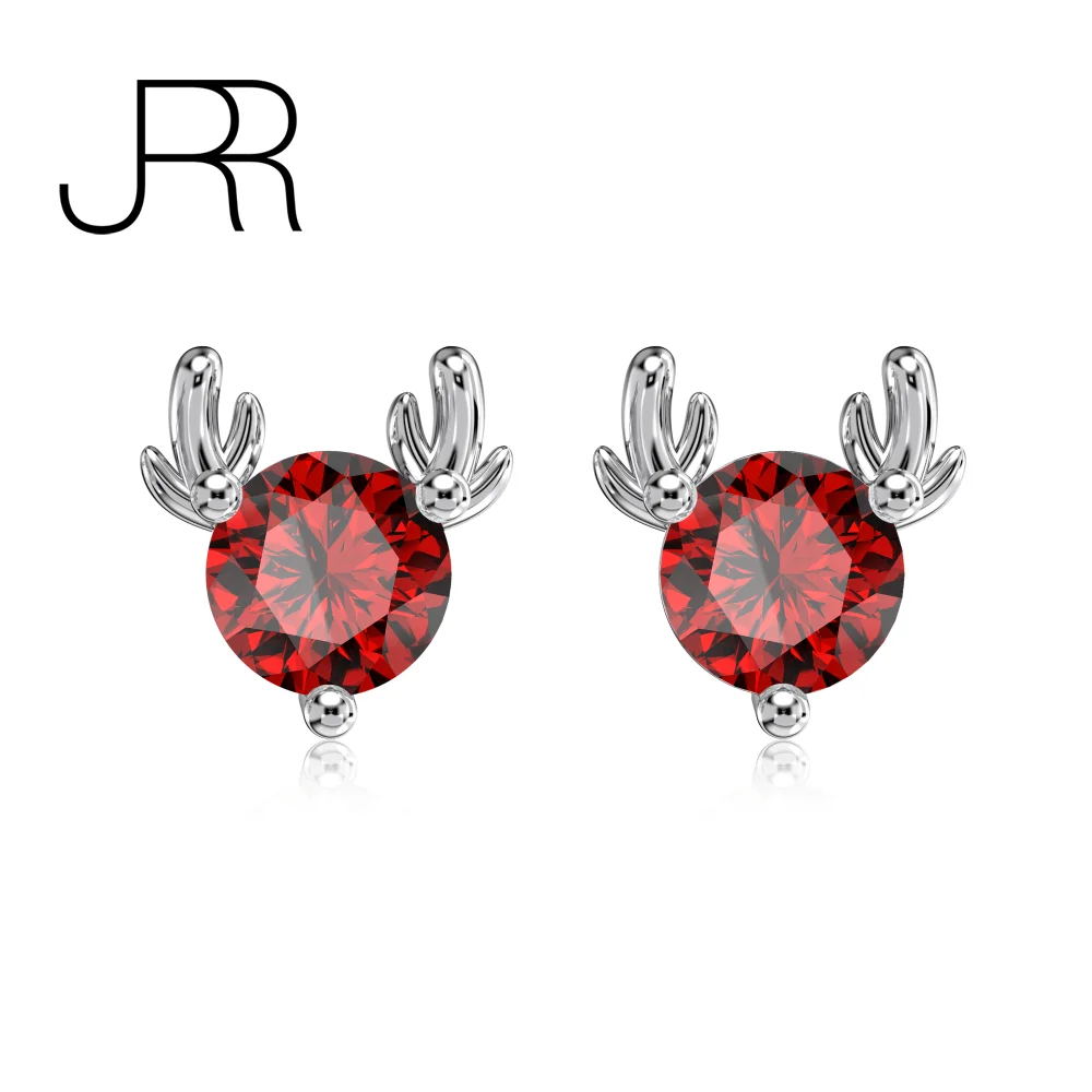 JRR New Christmas Green Red Elk Deer 925 Sterling Silver Gold Plated Created Moissaniate Earring Party Girl's Gift Free Shipping