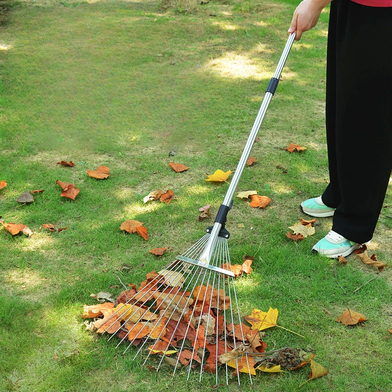 

Stainless steel rake lawn telescopic flat sweeping tree deciduous farm tools removal