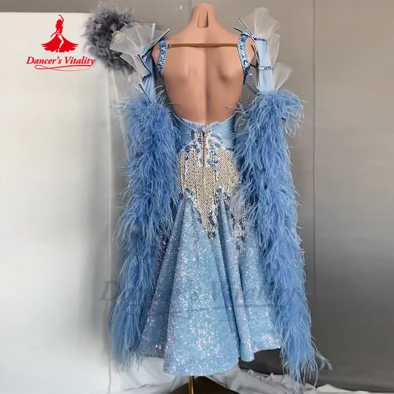 Modern Dancing Competition Dresses High-end Customized Luxury AB Stones Feather Dress Waltz Ballroom Dance Performance Costume
