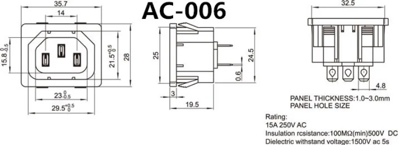 Wechselstromversorgung, dreipolige T-förmige Steckdose, Schalter mit Licht, Stecker-/Buchsenanschluss für das Stromkabel – Detail 17